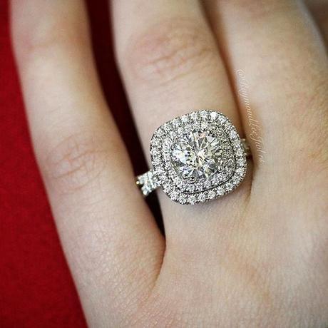 Double halo cushion engagement ring