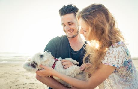 Couple with cute dog spending time on the beach