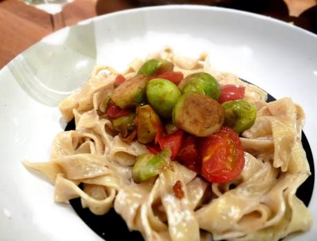 Coconut Fettucine Alfredo with seared Brussels Sprouts & Cherry Tomatoes