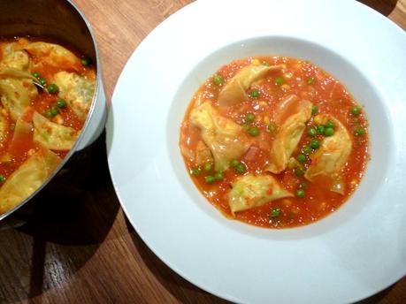Roasted red pepper soup with tofu dumplings