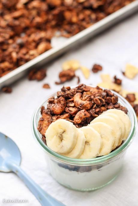 This Chocolate Banana Granola is super chocolatey with mashed banana and banana chips! This gluten-free and vegan granola makes a super addictive snack or breakfast.