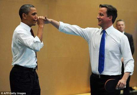 Obama & David Cameron play table-tennis at Globe Academy in South London 2011 (Source)