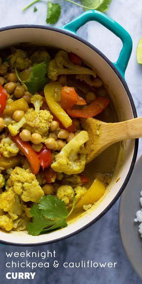 Weeknight Chickpea & Cauliflower Coconut Curry A bright and flavorful vegan curry that is easy enough for a week-night dinner!