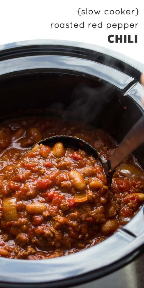 This hearty slow cooker chili gets a flavor boost from roasted red peppers, smoked paprika and a splash of balsamic vinegar. It's easy, hearty and makes for a delicious lunch or dinner!