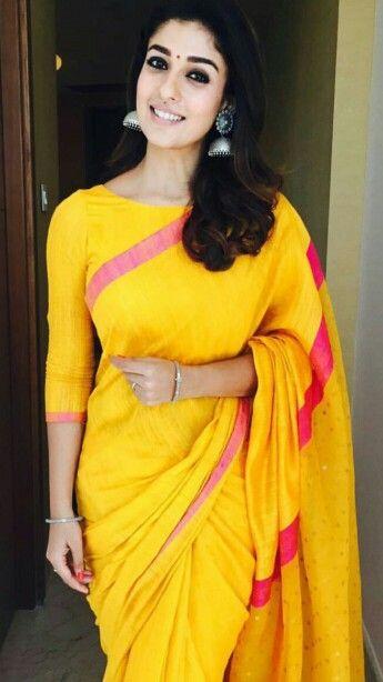   Nayanthara wearing silk saree with puffed sleeves