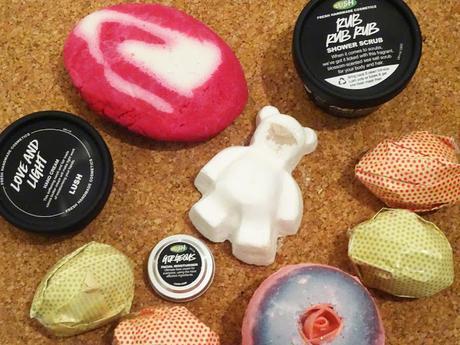 Lush products, the comforter, sex bomb, rub rub rub, love and light 