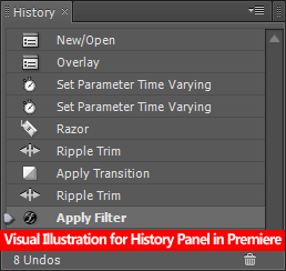 History Panel :: This panel displays a list of recently performed actions and also allows you to move few steps back through multiple undo levels (ctrt +z) to previous version or forms.