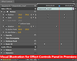 Effect Controls :: It controls various parameters for each effects which has been applied to a clips down in the sequence on the timeline panel.