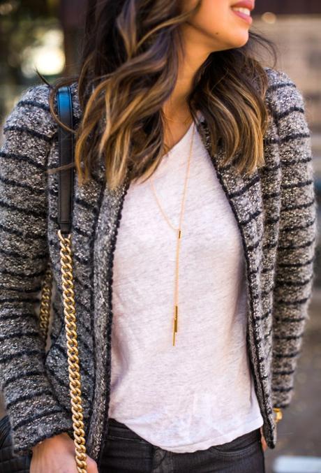 isabel marant etoile striped blazer, chanel boy bag, gorjana lariat necklace, how to wear over the knee boots in your 30s