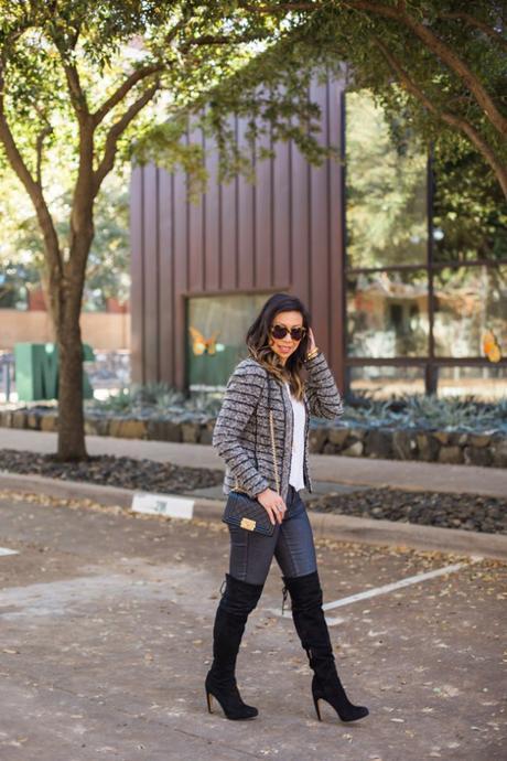 isabel marant etoile striped blazer, chanel boy bag, sam edelman kayla otk boots, how to wear over the knee boots in your 30s