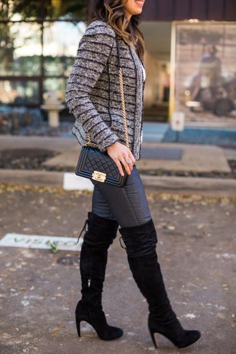 isabel marant etoile striped blazer, chanel boy bag, sam edelman kayla otk boots, how to wear over the knee boots in your 30s