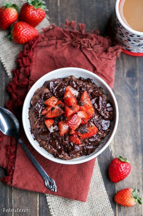 This Chocolate Strawberry Oatmeal tastes like dessert for breakfast! This oatmeal is sweetened with a banana and cocoa powder + chocolate chips make it super chocolatey. It's gluten-free, refined sugar free, and vegan.