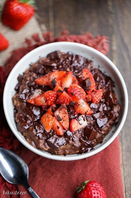 This Chocolate Strawberry Oatmeal tastes like dessert for breakfast! This oatmeal is sweetened with a banana and cocoa powder + chocolate chips make it super chocolatey. It's gluten-free, refined sugar free, and vegan.