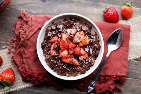 This Chocolate Strawberry Oatmeal tastes like dessert for breakfast! This oatmeal is sweetened with a banana and cocoa powder + chocolate chips make it super chocolatey. It's gluten-free, refined sugar free, and vegan.