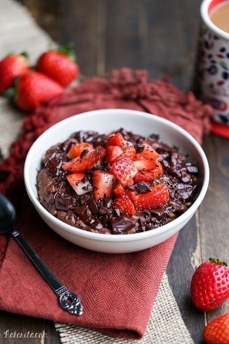 This Chocolate Strawberry Oatmeal tastes like dessert for breakfast! This oatmeal is sweetened with a banana and cocoa powder + chocolate chips make it super chocolatey. It's gluten-free, refined sugar free, and vegan.