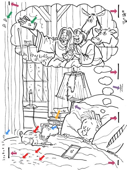 Original line drawing with mistakes Christmas cover for Inland Register little boy sleeping dog iPhone on bed dreaming of Mary Joseph Jesus taking selfie in stable at Bethlehem