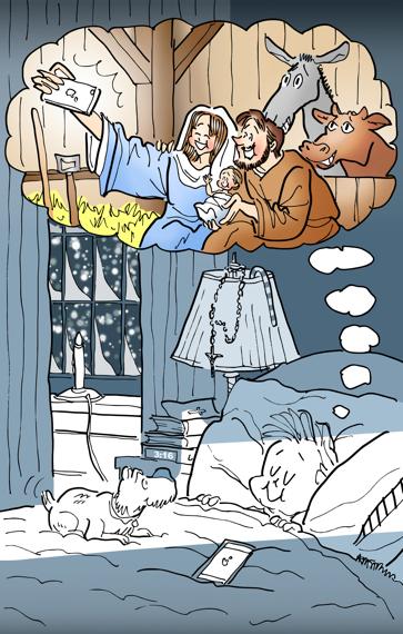 Christmas cover for Inland Register little boy sleeping dog iPhone on bed dreaming of Mary Joseph Jesus taking selfie in stable at Bethlehem