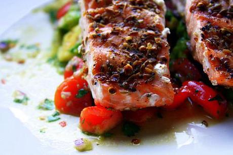 Cumin and Coriander Crusted Salmon over Avocado Relish