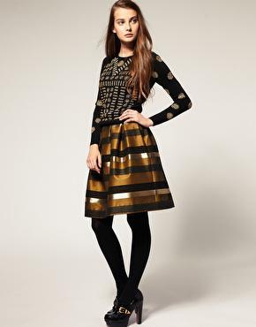 Image 1 of ASOS Full Skirt in Gold Stripe