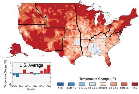 “The colors on the map show temperature changes over the past 22 years (1991-2012) compared to the 1901-1960 average for the contiguous U.S., and to the 1951-1980 average for Alaska and Hawai’i. The bars on the graph show the average temperature changes by decade for 1901-2012 (relative to the 1901-1960 average). The far right bar (2000s decade) includes 2011 and 2012. The period from 2001 to 2012 was warmer than any previous decade in every region.” (U.S. Global Change Research Program)