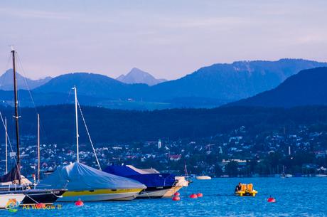 View from Lake Zurich with the Swiss Alps in the background.