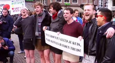 dutchmen in miniskirts protest Muslim sex assaults, Amsterdam, Jan. 16, 2016