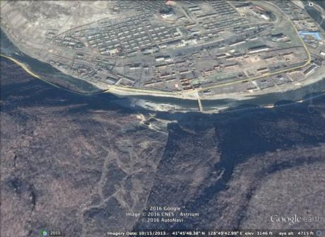 Paektusan Youth Power Station Dam #2 under development during 2013 (Photo: NK Economy Watch, Google image).