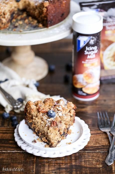 This Blueberry Crumb Cake has a thick layer of pecan crumble atop a flavorful cake that is bursting with fresh blueberries! This cake is perfect dusted with powdered sugar or served with a bit of whipped cream.