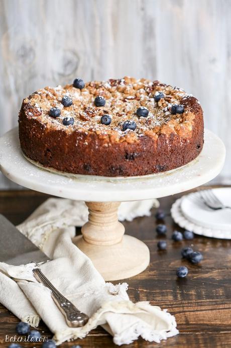 This Blueberry Crumb Cake has a thick layer of pecan crumble atop a flavorful cake that is bursting with fresh blueberries! This cake is perfect dusted with powdered sugar or served with a bit of whipped cream.