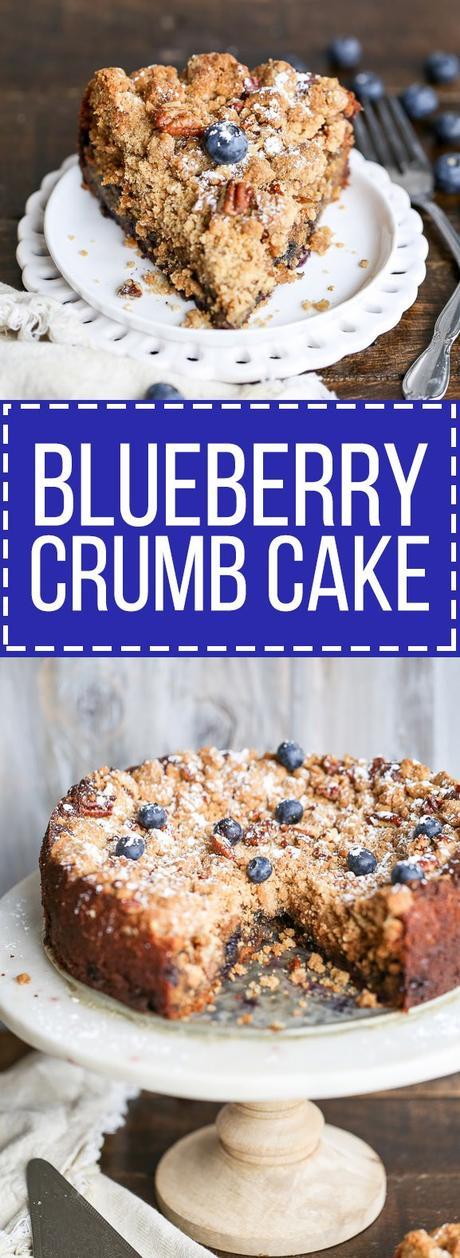 This Blueberry Crumb Cake has a thick layer of pecan crumble atop a flavorful cake that is bursting with fresh blueberries! This cake is perfect dusted with powdered sugar or served with a bit of whipped cream.