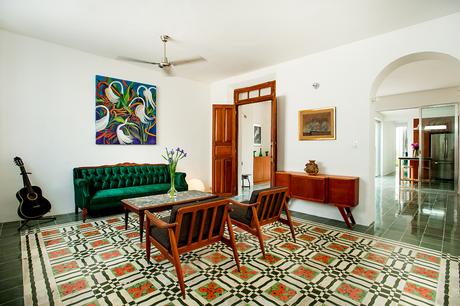 Mexican living room with bright patterned floor tile