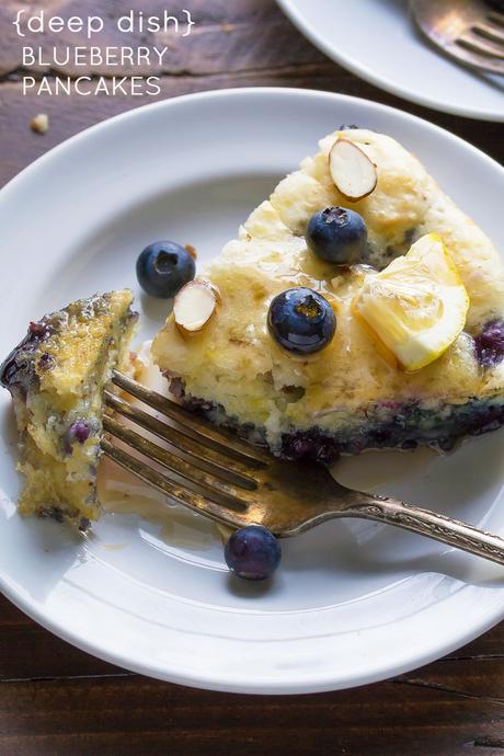Deep Dish Blueberry-Almond Pancakes, an easy hands off healthy breakfast or brunch recipe! With blueberries, almonds and lemon zest.
