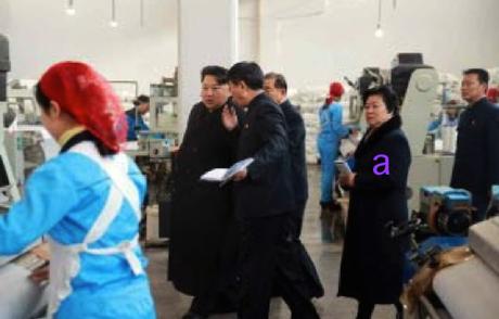 Kim Jong Un is briefed about production at Kim Jong Suk Textile Mill in Pyongyang.  Also in attendance is WPK Light Industry Department deputy director Pak Myong Sun (a) (Photo: Rodong Sinmun).