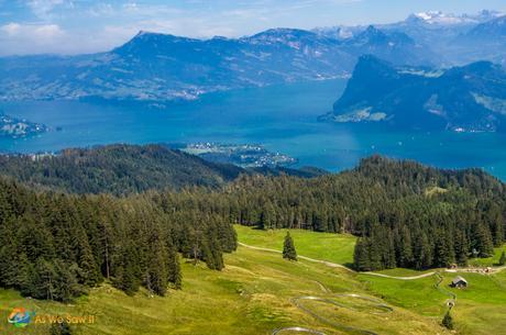 View of Lake Lucerne from gondola to the top of Mount Pilatus.
