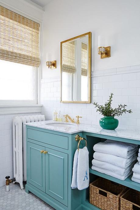 bathroom | Amie Corley Interiors | interesting turquoise vanity. Love the freshness of this bathroom and the gold and brass: 