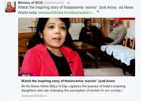 Story of Jyoti Arora featured by Minstry of WCD on Twitter