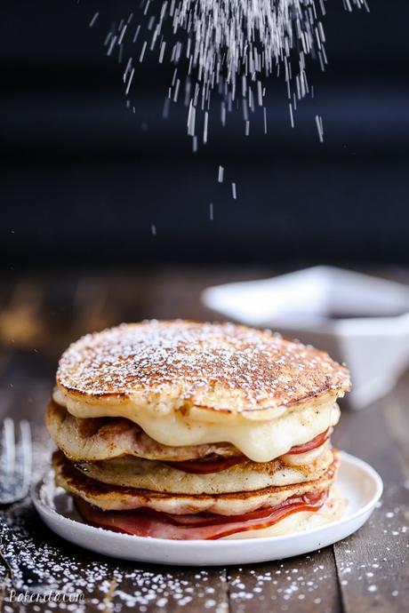 Ever had a monte cristo sandwich? You've never had one like this - these Monte Cristo Pancakes have pancakes instead of bread, with a filling of ham, cheese, and raspberry jam.