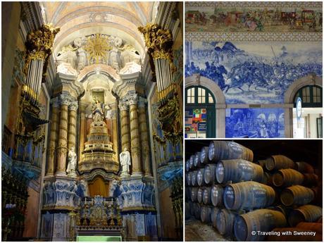 Clockwise from left: Ornate altar in Clérigos Church; azulejo murals in the São Bento railway station; oak casks with port wine at Real Companhia Velha cellars 