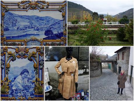 Murals of azulejo tiles at the railway station; strolling through the village, we found unique items made from cork, such as the dress (bottom center)