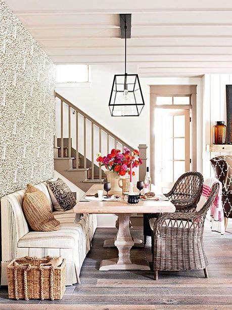 Flea Market Chic-Neutral Wicker Dining Chairs Blends Beautifully With The Banquette and Trestle Table.: 