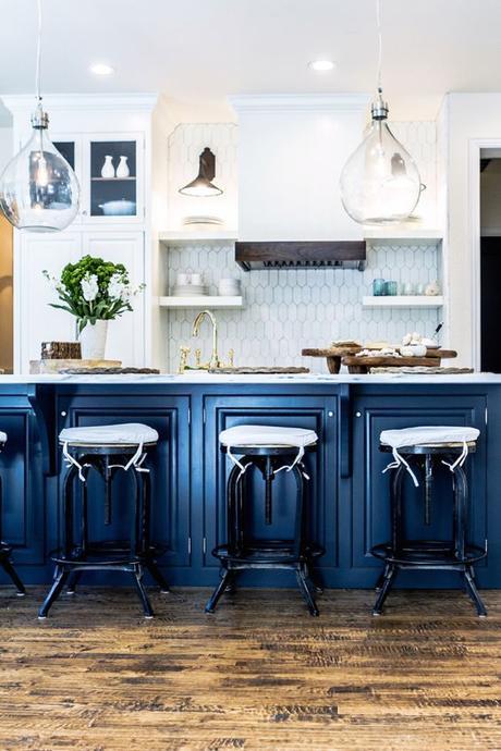 Blue Kitchen Cabinetry Glass Globe Pendants Rustic Wood Floor