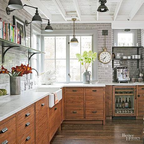 Black Sonces Over Open Shelving In Grey And Wood Kitchen