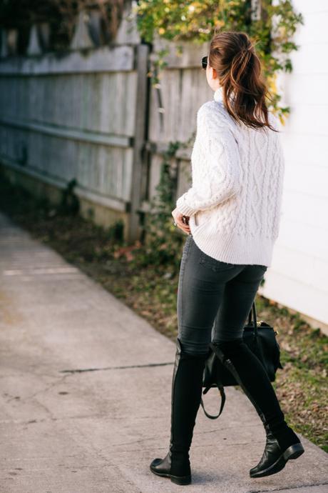 Amy Havins of Dallas Wardrobe pairs a cozy sweater with Stuart Weitzman 50/50 boots.