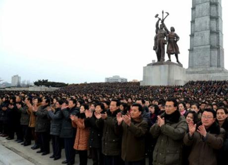 Pyongyang citizens gathered in front of the Chuch'e Tower in east Pyongyang on February 8, 2016 as they gather for a mass rally celebrating the launch of the Kwangmyo'ngso'ng (Photo: Rodong Sinmun).