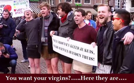 dutchmen in miniskirts protest Muslim sex assaults, Amsterdam, Jan. 16, 2016