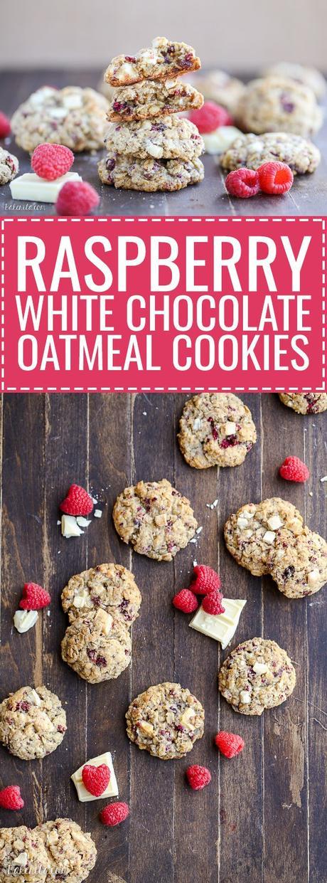 These Raspberry White Chocolate Oatmeal Cookies are super thick with crisp edges, big chunks of white chocolate and freeze dried raspberries.