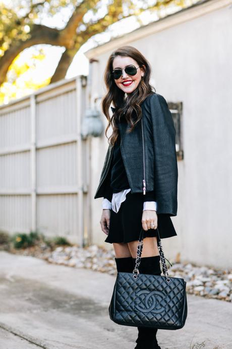 Amy Havins wears all black paired with stuart weitzman over the knee highland boots.