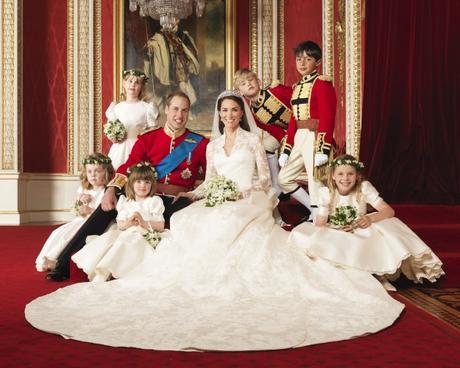 The Royal Wedding at Buckingham Palace on 29th April 2011: The Bride and Groom, TRH The Duke and Duchess of Cambridge in the center with attendants, (clockwise from bottom right) The Hon. Margarita Armstrong-Jones, Miss Eliza Lopes, Miss Grace van Cutsem, Lady Louise Windsor, Master Tom Pettifer, Master William Lowther-Pinkerton, Taken in the Throne Room. Picture Credit: Photograph by Hugo Burnand
