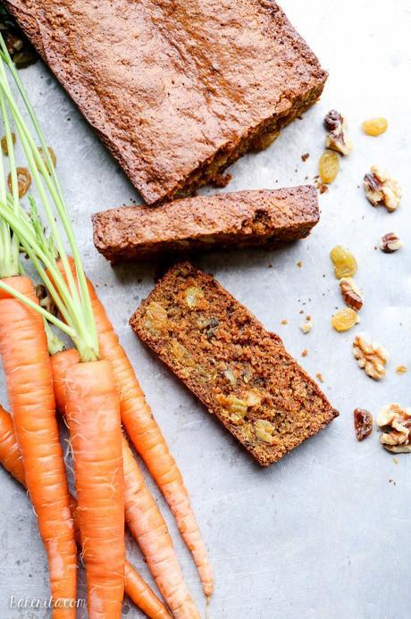 This Paleo Carrot Bread is incredibly moist, and full of spices, chopped walnuts and golden raisins. This hearty bread is gluten-free and refined sugar free.