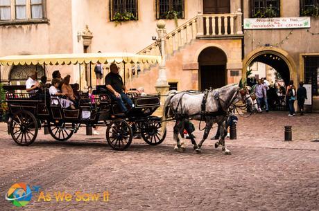 Horse-drawn carriage on cobbled-stone streets in Colmar.